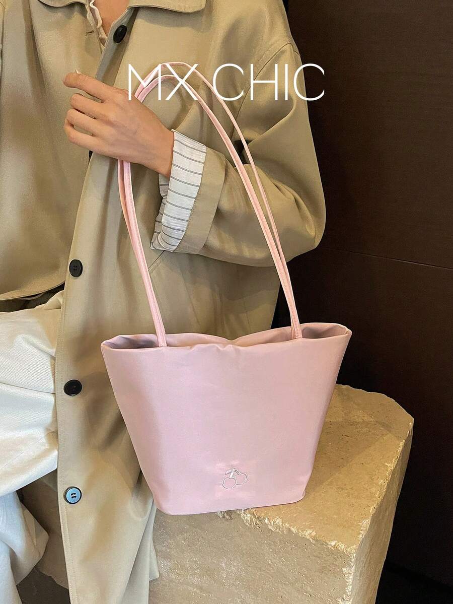 1件女款拼色尼龍肩背托特包，時尚大容量五星裝飾，適合購物、度假與旅行 - 粉色 - 查看 1