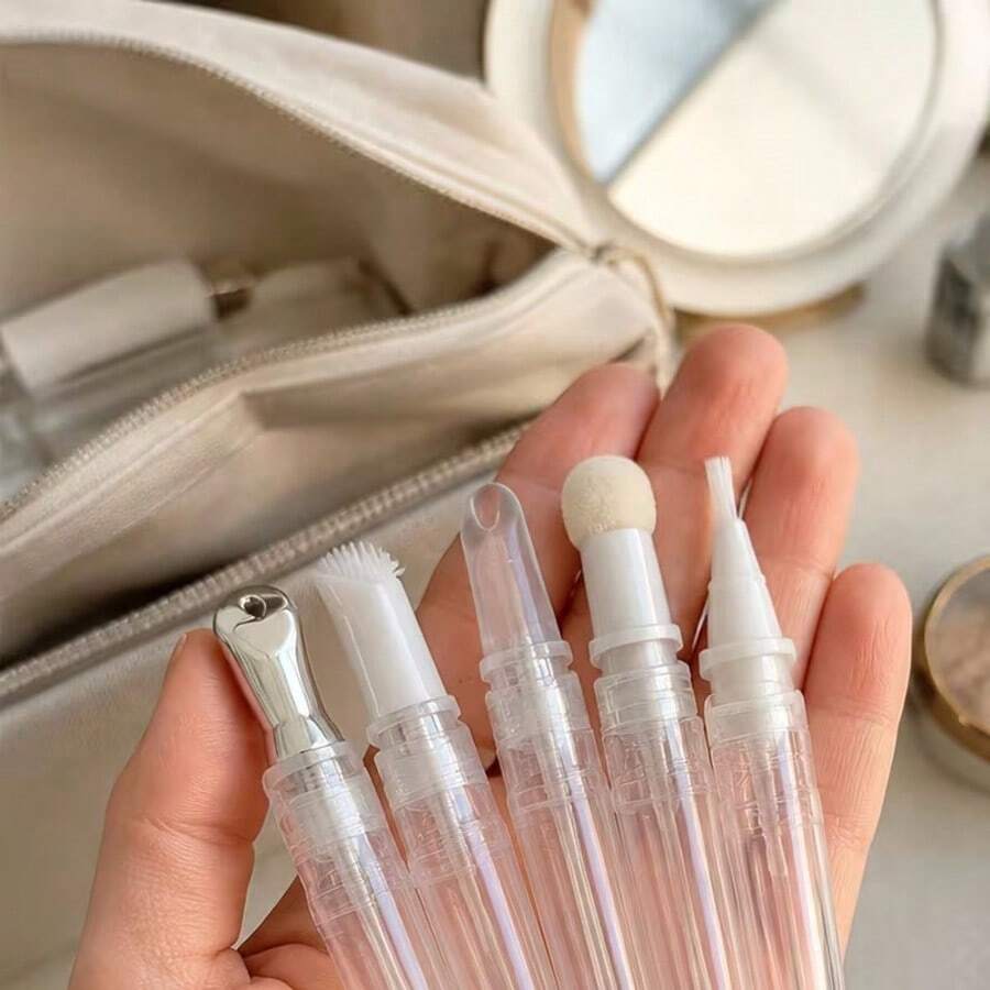 5pcs 3ml Empty Refillable Applicator Pens, Cosmetic Dispensing Containers With Brush Tips, Portable Liquid Makeup Pens For Lip Oil, Essence & Nail Care, Travel Beauty Accessories