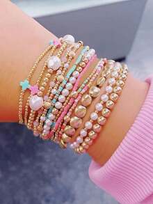 Juego de 13 pulseras elásticas con cuentas en forma de cruz y bloques de color dopamina para mujer, estilo francés suave, con perlas falsas, multicapa y apilables - Dorado - Ver 1