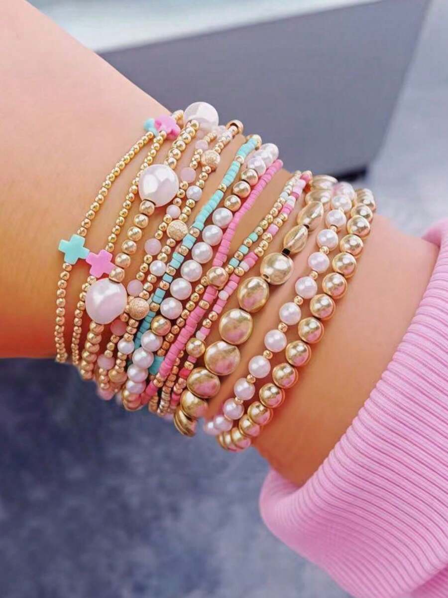 Juego de 13 pulseras elásticas con cuentas en forma de cruz y bloques de color dopamina para mujer, estilo francés suave, con perlas falsas, multicapa y apilables - Dorado - Ver 1