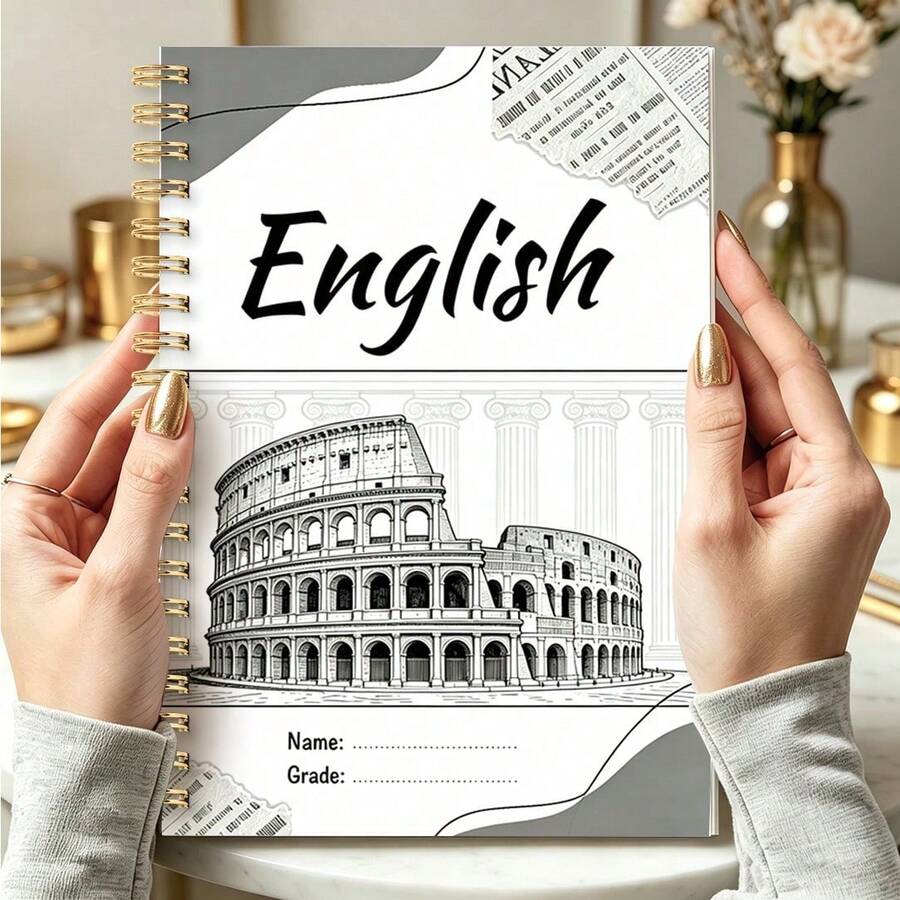 1pc A5 Spiral English Notebook, Vintage Roman Colosseum Line Art Cover Student English Writing & Homework Practice Journal - Multicolor - View 1