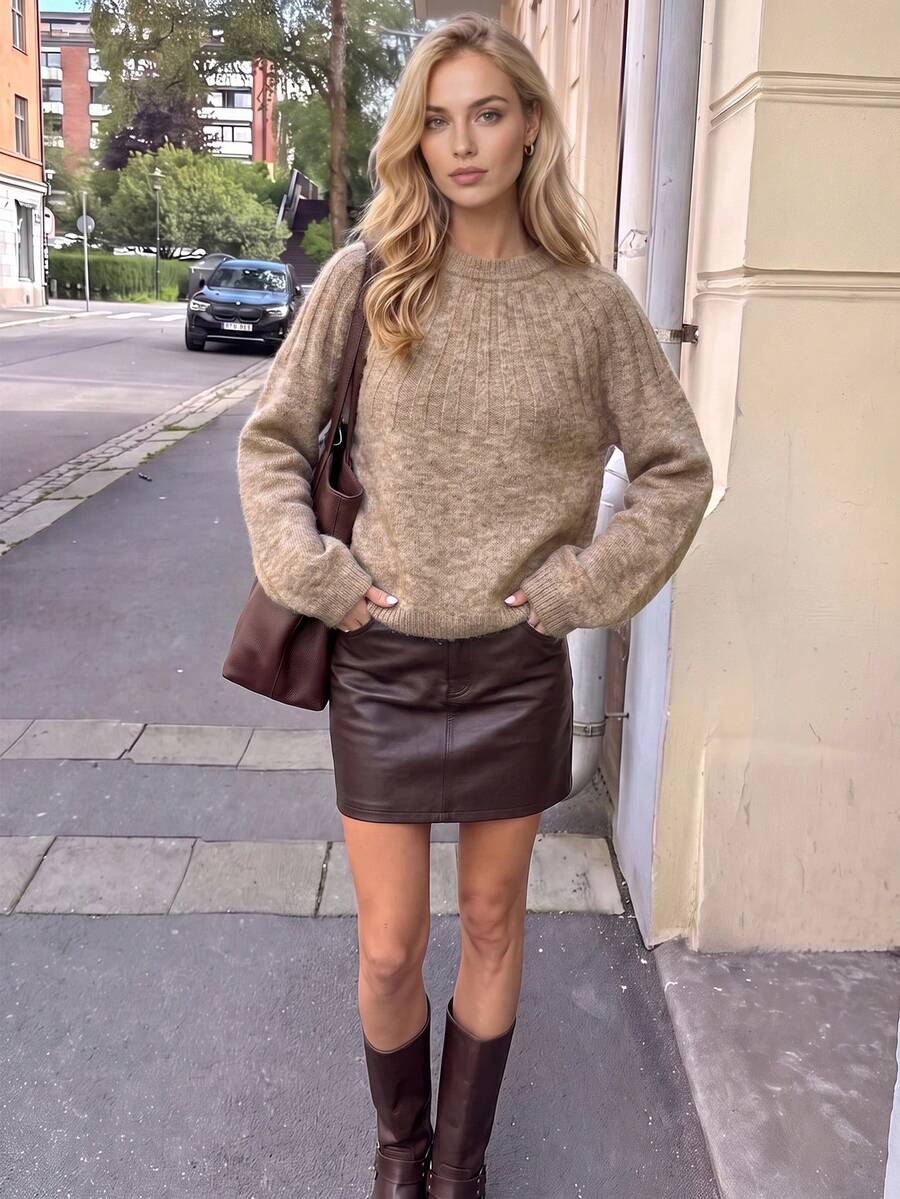 Nicenter Women's Crew Neck Raglan Long Sleeve Cable Knit Sweaters,Wool Blend, Fall Winter Clothes, Casual Elegant Fall Outfit For Women, Daily Commute Layering - Mocha Brown - View 1