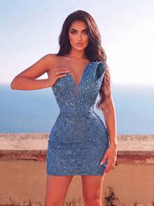 Elegant Crystal Pearl Chain Sequin Decorated Strapless Evening Gown, Adjustable Backstrap, Black Tie Dinners And Parties Party Fall Wedding - Dusty Blue - View 4