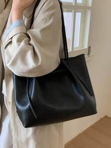 1件純色大容量高級感單肩包 休閒百搭日常通勤托特包 - 彩色 - 查看 6