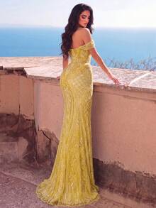 Faeriesty Elegant Open Shoulder Long Dress, Exquisite Beaded Embroidery, High Slit, Slim Fit, Flattering Silhouette, Suitable For Formal Evening Events - Gold - View 2