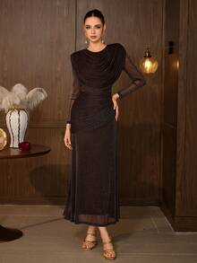 Women's Solid Color Pleated Elegant Waist-Cinching Party Dress - Coffee Brown - View 6
