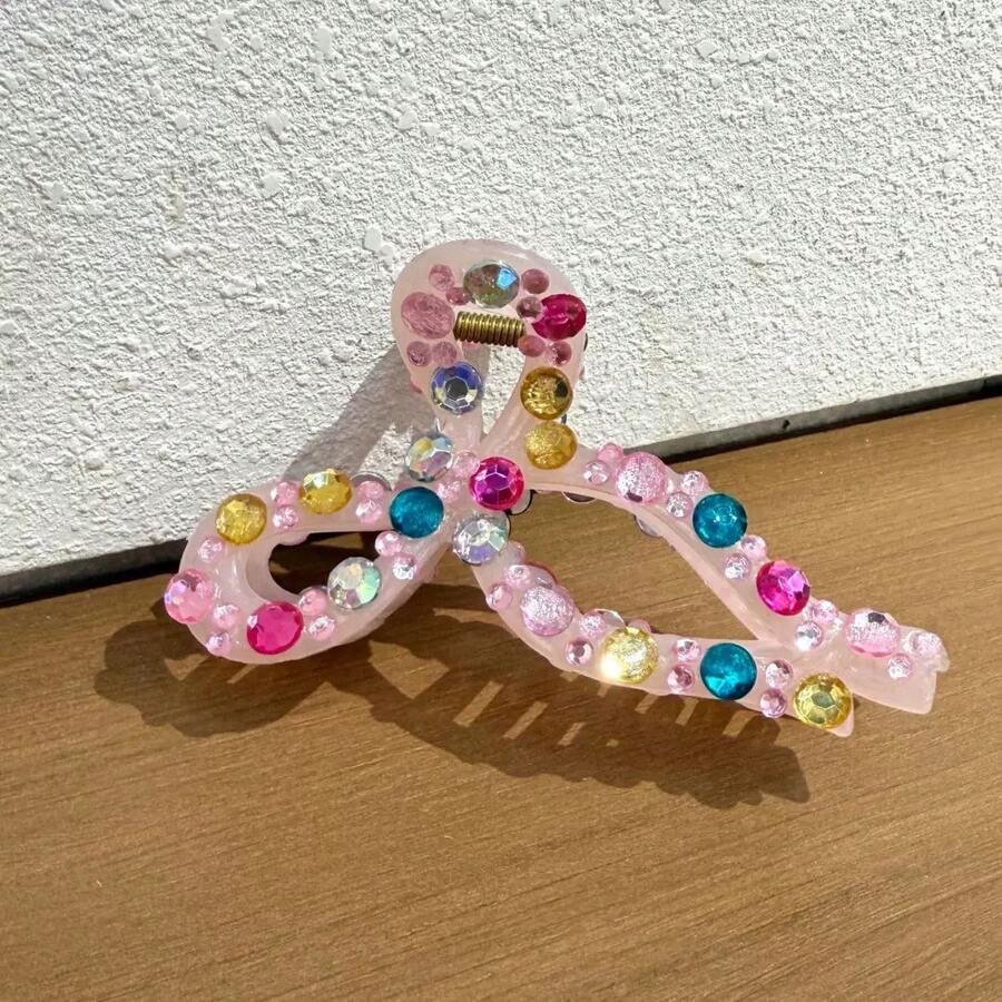 透明粉色水晶蝴蝶結髮夾,閃亮水鑽裝飾,適合日常、派對、婚禮 - 粉色 - 查看 1