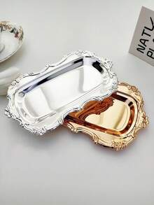 Vintage Embossed Floral Metal Serving Tray, Gold Silver Ornate Rectangular Decorative Platter, Luxury Storage Tray For Jewelry, Dessert, Cosmetics, Wedding, Vanity Table Decor - Multicolor - View 1