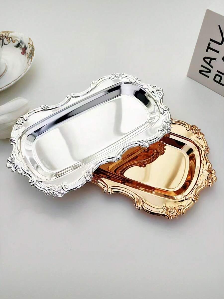 Vintage Embossed Floral Metal Serving Tray, Gold Silver Ornate Rectangular Decorative Platter, Luxury Storage Tray For Jewelry, Dessert, Cosmetics, Wedding, Vanity Table Decor - Multicolor - View 1