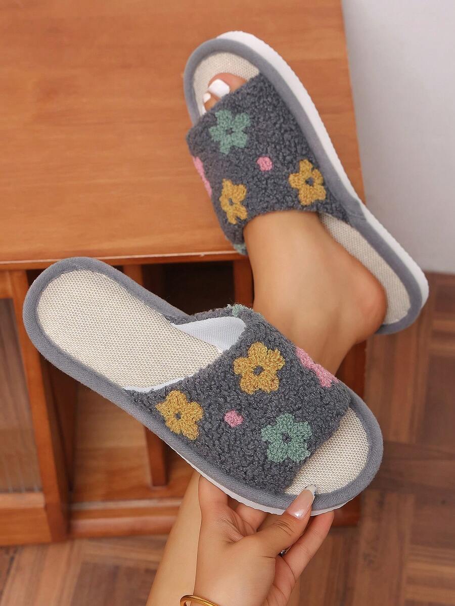 可愛刺繡花卉女款毛絨室內拖鞋，春夏秋適用，麻底開趾套腳透氣居家拖鞋