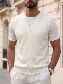 Men's Neutral V-Neck Knit Vest Solid Color Street Casual Commute Sleeveless Cardigan Sweater Spring Summer - Beige - View 2