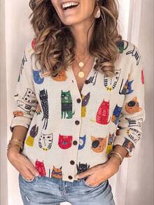 Women's Animal Print Knit Cardigan, Decorated With Cute Cat Print And Button Details, Autumn Outfit, Casual Style Outfit, Office Outfit. Fall - Apricot - View 5