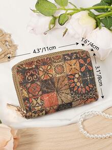 محفظة قصيرة مطبوعة بطراز ريترو مع سحاب مزدوج وحقيبة يد ملتفة، حقيبة تخزين بطاقات الائتمان، مشابك بطاقات متعددة، مناسبة للسفر - متعدد الألوان - مشاهدة 9