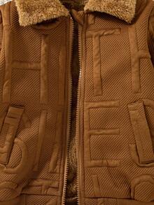 Young Boy Casual Fashion 3D Letter Embossed Thermal Lined Thickened Turn-Down Collar Zip-Up Warm Jacket For Autumn/Winter - Brown - View 5