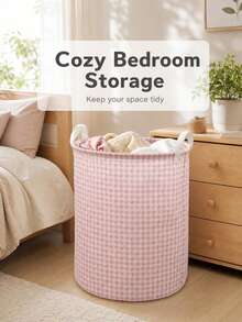 Portable Pink Fabric Storage Basket, Dual Handle Waterproof Laundry Basket, Suitable For Dormitory Bedroom And Bathroom, Large Capacity Grid Pattern Laundry Basket, Unisex, Closet Storage, Room Home Decor And Storage, Camping Travel Essential - Multicolor - View 3