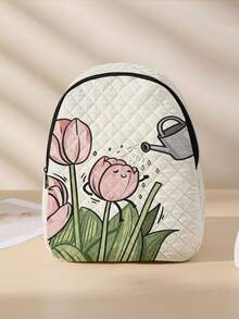 1pc Diamond Pattern Backpack, School Bag, Storage Bag, Travel Storage Backpack, Floral Print Design, Large Capacity Foldable Easy Storage Bag, Lightweight Burden Reduction, Reinforced Shoulder Straps + Zipper Closure, Large Capacity Storage More Organized, Convenient And Practical For Retrieving Items, Suitable For Student School Bag, Women's Commuter Backpack, Short Trip Bag, Campus Casual Backpack, Applicable For School Books, Daily Commute, Outdoor Travel - Multicolor - View 9