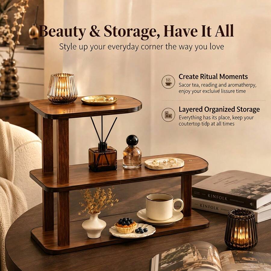1pc Vintage Coffee Desktop Organizer, Double Layer Storage, Multi-Functional Tabletop Shelf, Tea Cup Water Cup Coffee Cup Holder, Kitchen Spice Rack, High-End Tableware Rack, Snack Rack And Desk Shelf, Cosmetic Organizer, Display Rack, Painted Surface, Luxury Home Decor, Suitable For Kitchen Countertop, Entryway, Coffee Corner, Dining Table, Bedroom And Vanity Storage And Organization - Walnut - View 1