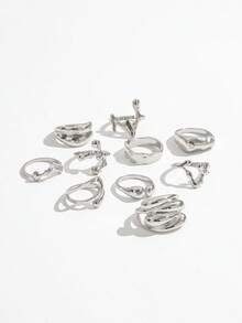 Set de 10 anillos plateados estilo punk con textura asimétrica, banda ancha brillante y arrugada, anillos apilables geométricos asimétricos tipo roca para mujer - Plateado - Ver 4