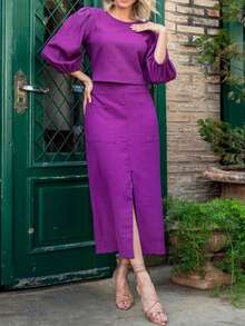 Women's Spring/Autumn Elegant Fashion Solid Color Round Neck Lantern Sleeve Top With Front Slit Pocket Skirt Set - Violet Purple - View 1