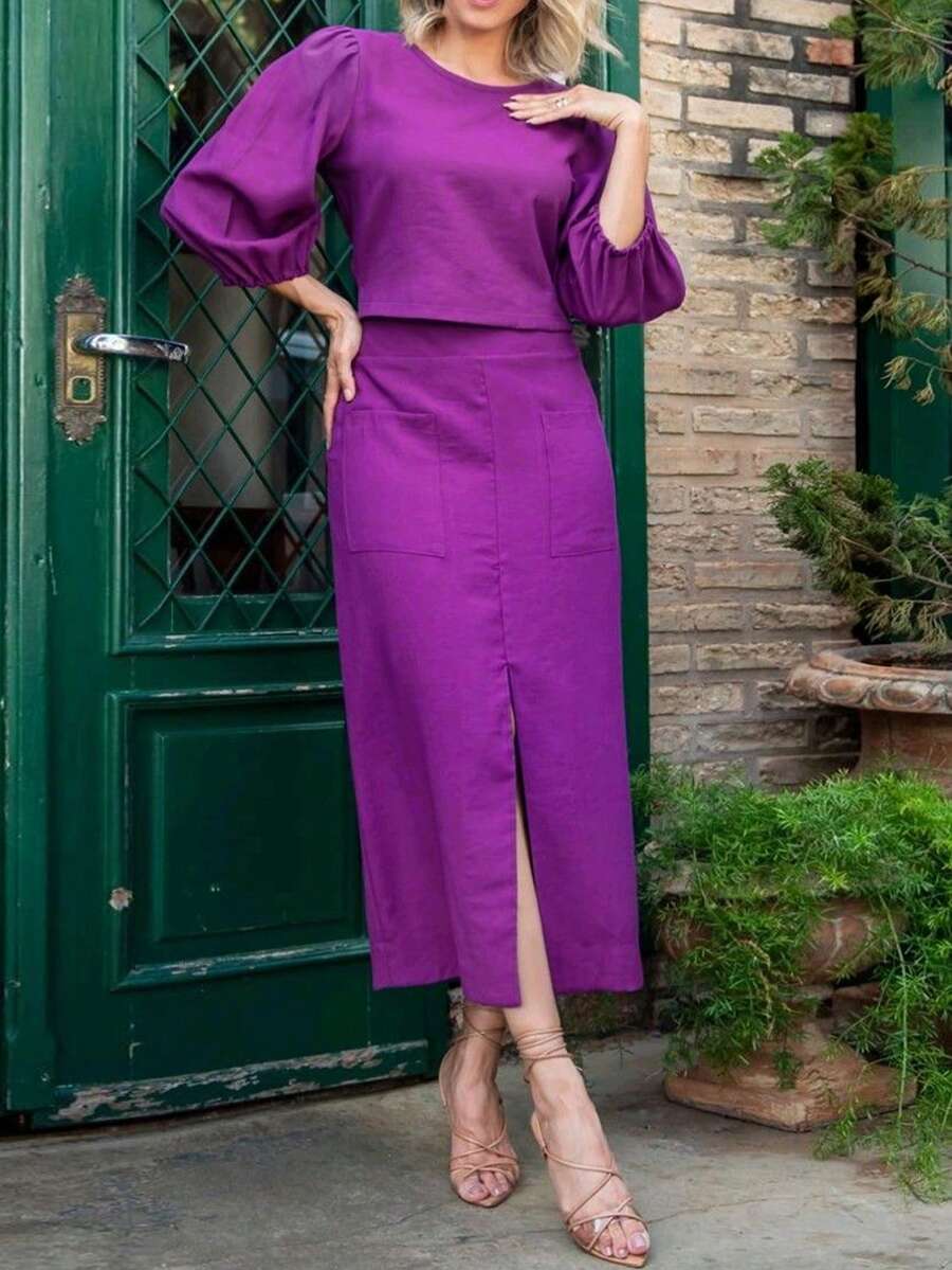 Women's Spring/Autumn Elegant Fashion Solid Color Round Neck Lantern Sleeve Top With Front Slit Pocket Skirt Set - Violet Purple - View 1