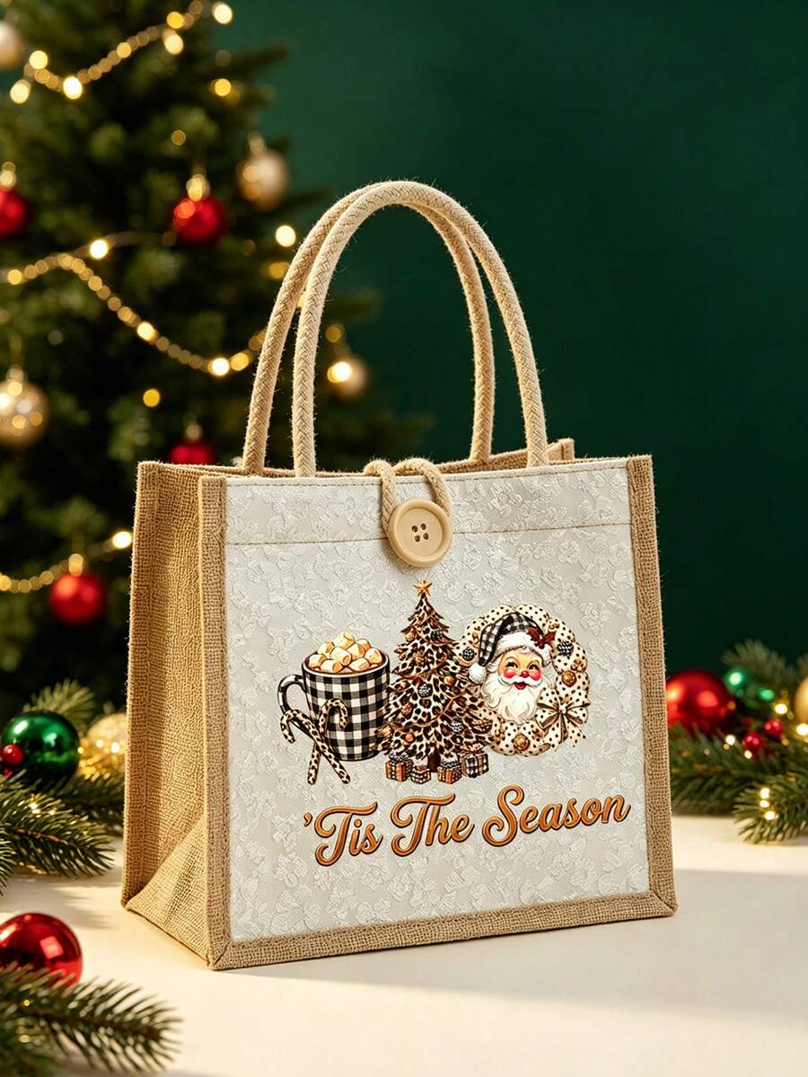 Black Vintage Christmas Linen Tote Bag With Santa Claus, Leopard Print And Christmas Tree Patterns. Suitable For Commuting, Travel And Daily Use. - Multicolor - View 1