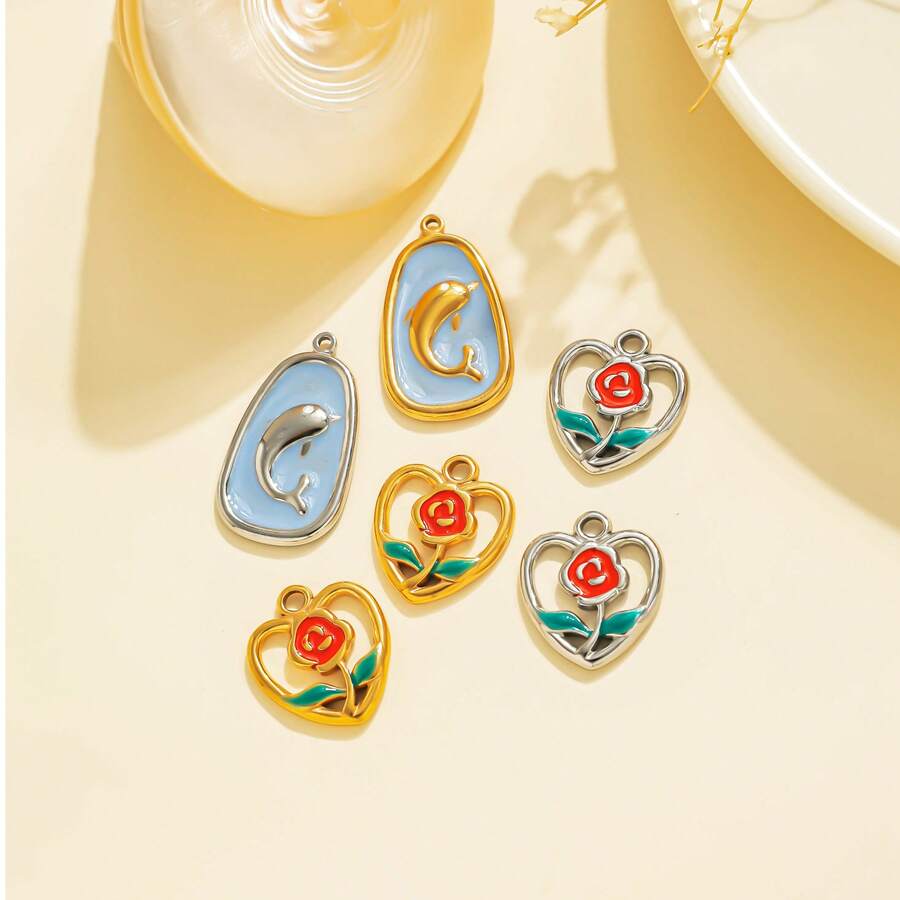 10pcs/Pack 304 Stainless Steel Ocean Style Light Blue Oil Drop Rose Dolphin Rectangular Pendant Valentine's Day Gift Beading Accessory - Gold; Steel - View 1