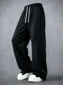 Solid Color Curved Split Wide Leg Sweatpants For Men, Drape Knit Fabric, Contrast White Double Drawstring, 3D Curved Stitching Tailoring, Loose Drape, Basic Loose Long Pants, Unisex - Black - View 3