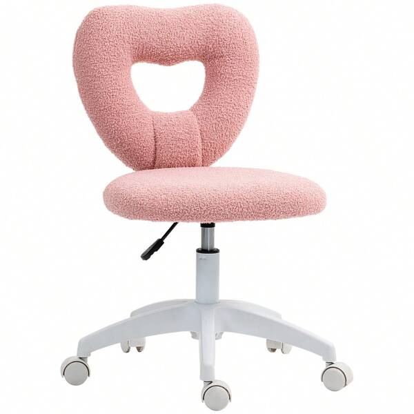 Armless Heart Computer Desk Chair, Teddy Fleece Swivel Office Chair, Makeup Vanity Chair With Height Adjustable, Wheels, Home Study Bedroom, Pink On-Site