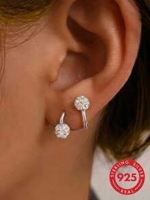 ELSEDES 1pc Fashionable & Luxurious S295 Silver Geometric Shaped Earring With Brightly Glittering Inlaid Jewel Perfect For Women's Daily Outfit And Party Dressing - Silver - View 1