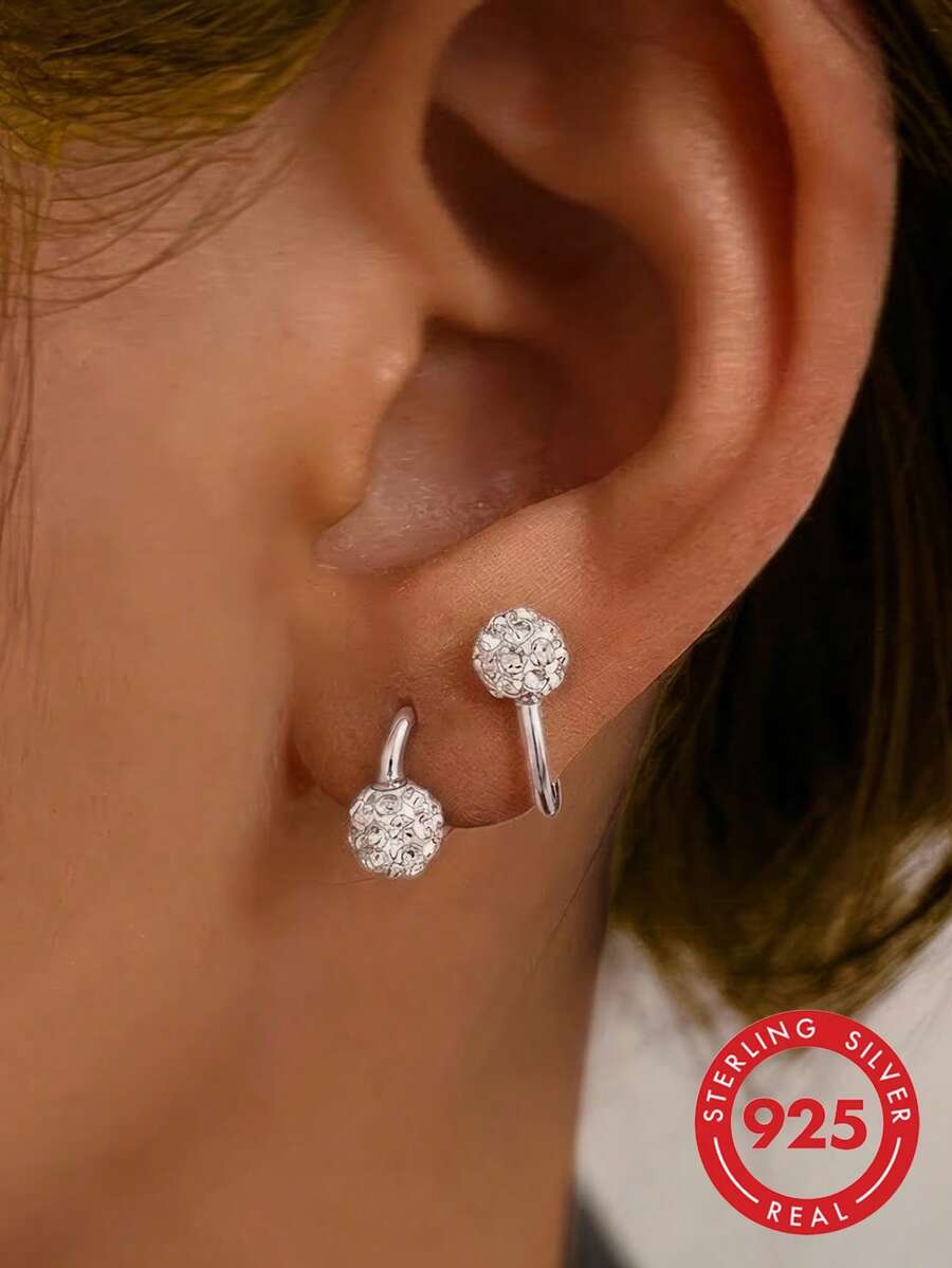 ELSEDES 1pc Fashionable & Luxurious S295 Silver Geometric Shaped Earring With Brightly Glittering Inlaid Jewel Perfect For Women's Daily Outfit And Party Dressing - Silver - View 1