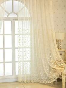 1 buah Tirai Semi-Transparan Bertepi Bergelombang Bordir Daun Ginkgo Gaya Bohemian Country untuk Dekorasi Rumah Dalam Ruangan - Sampanye - View 7