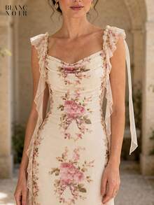 Cream Floral Print |   Women's Elegant Cream Floral Print Sequin Mesh Ruffle Trim Bodycon Maxi Dress - 奶油花卉 - 查看 8