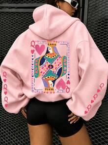 Poker Card Heart Letter Print Sweatshirt, Plus Size Women's Casual Autumn/Winter Long Sleeve Pocket Sweatshirt Sweatshirt Pink - Pink - View 1