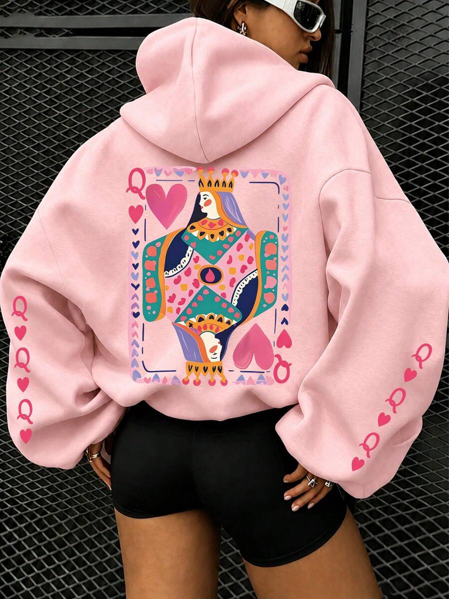 Poker Card Heart Letter Print Sweatshirt, Plus Size Women's Casual Autumn/Winter Long Sleeve Pocket Sweatshirt Sweatshirt Pink - Pink - View 1