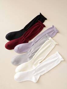 1/3 Pairs Anti-Slip Boneless Socks For Girls, Ankle-Length Red Rolled-Edge Slouch Socks, Cotton Solid Color Long Tube Socks, Korean Style - Multicolor - View 2