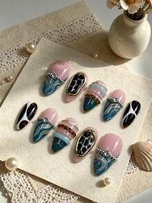 1 Set Handmade Almond-Shaped Press-On False Nails, Vintage Morandi Blue-Gray Fluid Gradient Honeycomb Leopard Print Color-Blocked Metal Chain Gold Frame Large Diamond French Detachable Wearable Nails. - Multicolor - View 2