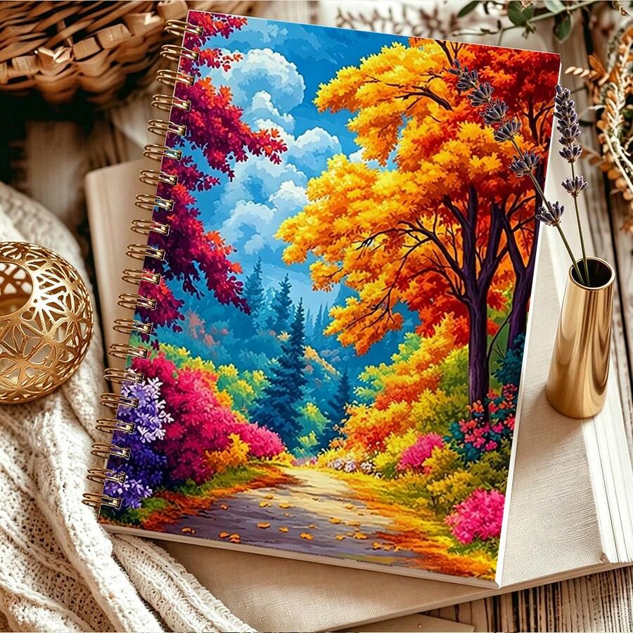 1PC A5 Vibrant Autumn Forest Path With 2D Flat Notebook Diary With Colorful Trees And Flowers For Daily Planning, Travel Notes, School Work, Office Use, Thanksgiving - Multicolor - View 1