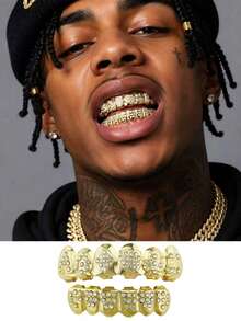 2件組金色牙套 Grillz，鑲鑽冰感嘻哈牙飾，亮金牙套時尚配件，適合男女派對佩戴 - 彩色 - 查看 4