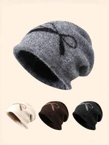 1pc Thickened Bow-Knot Knitted Hat For Women, Autumn/Winter Large Head Circumference Ear-Protective Warm Beanie With Embroidered Ear Flaps, Korean Style Slouchy Knit Cap, Postpartum Maternity Hat - Multicolor - View 6