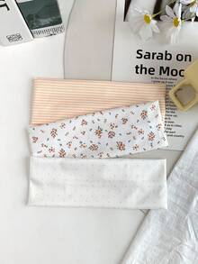 2/3/4PCS Japanese Style Gentle Orange Floral Plaid Polka Dot Print Wide Headband, Breathable Skin-Friendly Home Wear Fresh Youthful Daily Styling Accessory - Multicolor - View 7