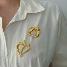 1pc Vintage Gold Metallic Brooch Pin For Women Retro Irregular Geometric Flower Heart Coat Accessories. - Gold - View 5