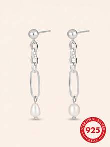 Women's Elegant Chain Freshwater Pearl Drop Earrings 925 Sterling Silver Fashion Designer Jewelry - Silver - View 2