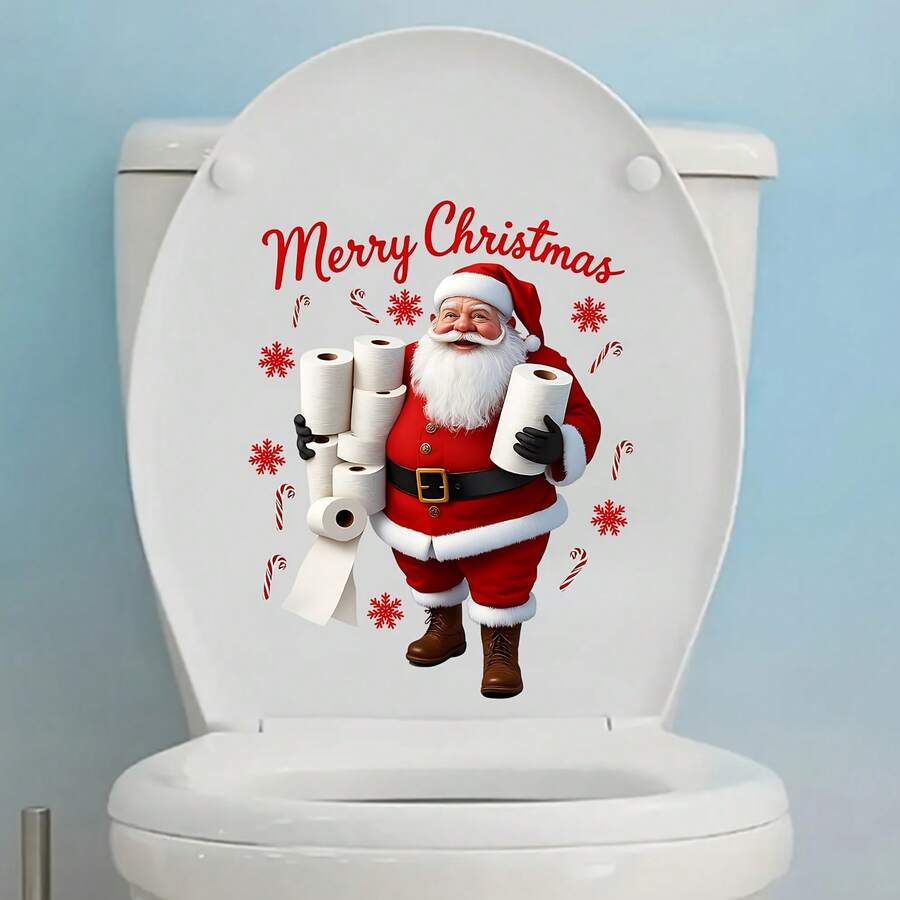 Funny Christmas Santa Claus Toilet Sticker, Removable Vinyl Christmas Bathroom Decal, Holiday Bathroom Decoration Gift - 1 Pc B - View 1