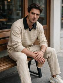 Men's Spring/Autumn POLO Collar Sweatshirt Top & Long Pants Casual Fashion Set, Suitable For Daily Commute And Vacation - Khaki - View 2