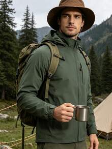 1pc Men's Outdoor Multi-Pocket Military Green Hooded Windbreaker Jacket Spring Sports - Army Green - View 7