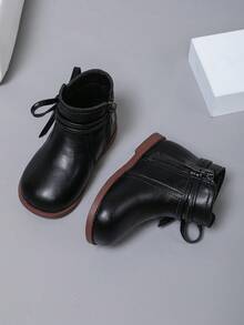 1 Pair 1-3 Years Old Toddler Girls Bow Side Zipper Ankle Boots, Classic Fashion Non-Slip Flat Walking Shoes, Children's Short Boots Suitable For Spring, Autumn, Winter - Black - View 10