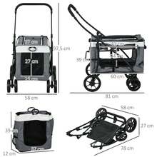PawHut 2-In-1 Dog Stroller, Foldable Dog & Cat Buggy, Up To 10 Kg, Grey | Cat Stroller, Cushion, Mesh Window, Doors, Storage Basket, Cat Wagon, Buggy - Light Grey - View 3