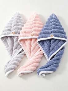 3pcs/Set Candy Striped Strong Absorbent Quick Dry Hair Cap, Soft Comfortable Home Use With Button, Solid Color Minimalist Design - Multicolor - View 14