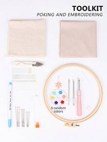 1 Set Multi-Color Practical DIY Hand Embroidery And Punch Needle Tool Kit, Includes: 1 Interchangeable 3-Head Punch Needle, 1 20cm Diameter Embroidery Hoop, 1 Punch Needle Fabric, 1 Embroidery Fabric, 1 Pack Of 16 Embroidery Needles, 1 Pair Of Scissors, 1 Needle Case, 9 Metal Yarn Needles, 1 Random Color Threader, 1 Marking Pen - A - View 1