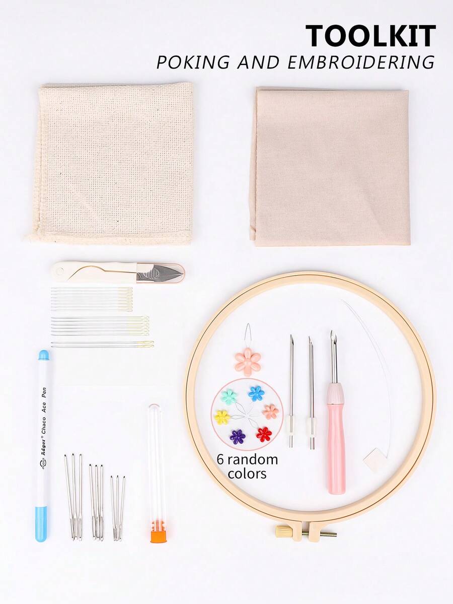 1 Set Multi-Color Practical DIY Hand Embroidery And Punch Needle Tool Kit, Includes: 1 Interchangeable 3-Head Punch Needle, 1 20cm Diameter Embroidery Hoop, 1 Punch Needle Fabric, 1 Embroidery Fabric, 1 Pack Of 16 Embroidery Needles, 1 Pair Of Scissors, 1 Needle Case, 9 Metal Yarn Needles, 1 Random Color Threader, 1 Marking Pen - A - View 1